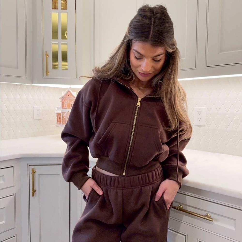 Brown Cropped Hoodie and Joggers Set